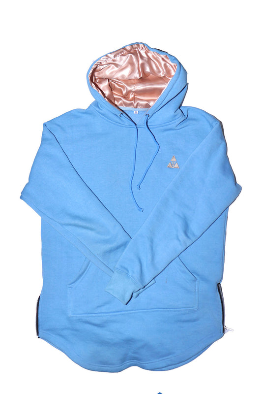 Extended Light Blue Hoodie with Creamy Pearl Satin Lined Hood