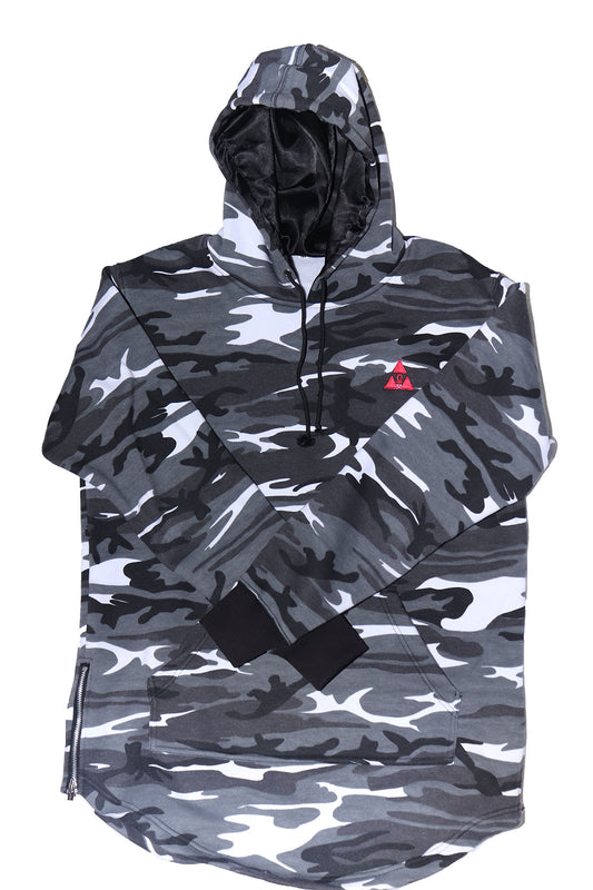 Extended Snow Camo Hoodie with Black Satin Lined Hood
