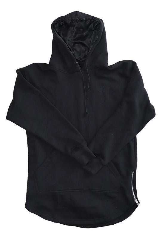 Extended Black Hoodie with Black Satin Lined Hood