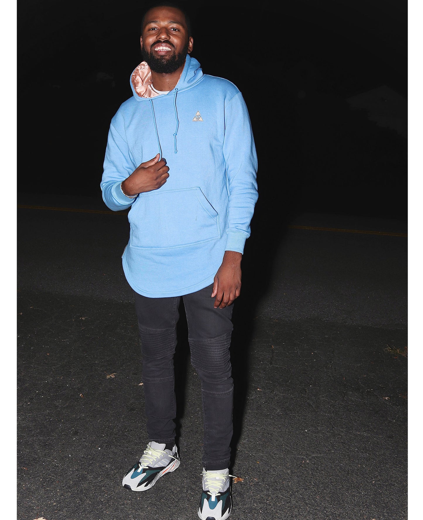 Extended Light Blue Hoodie with Creamy Pearl Satin Lined Hood