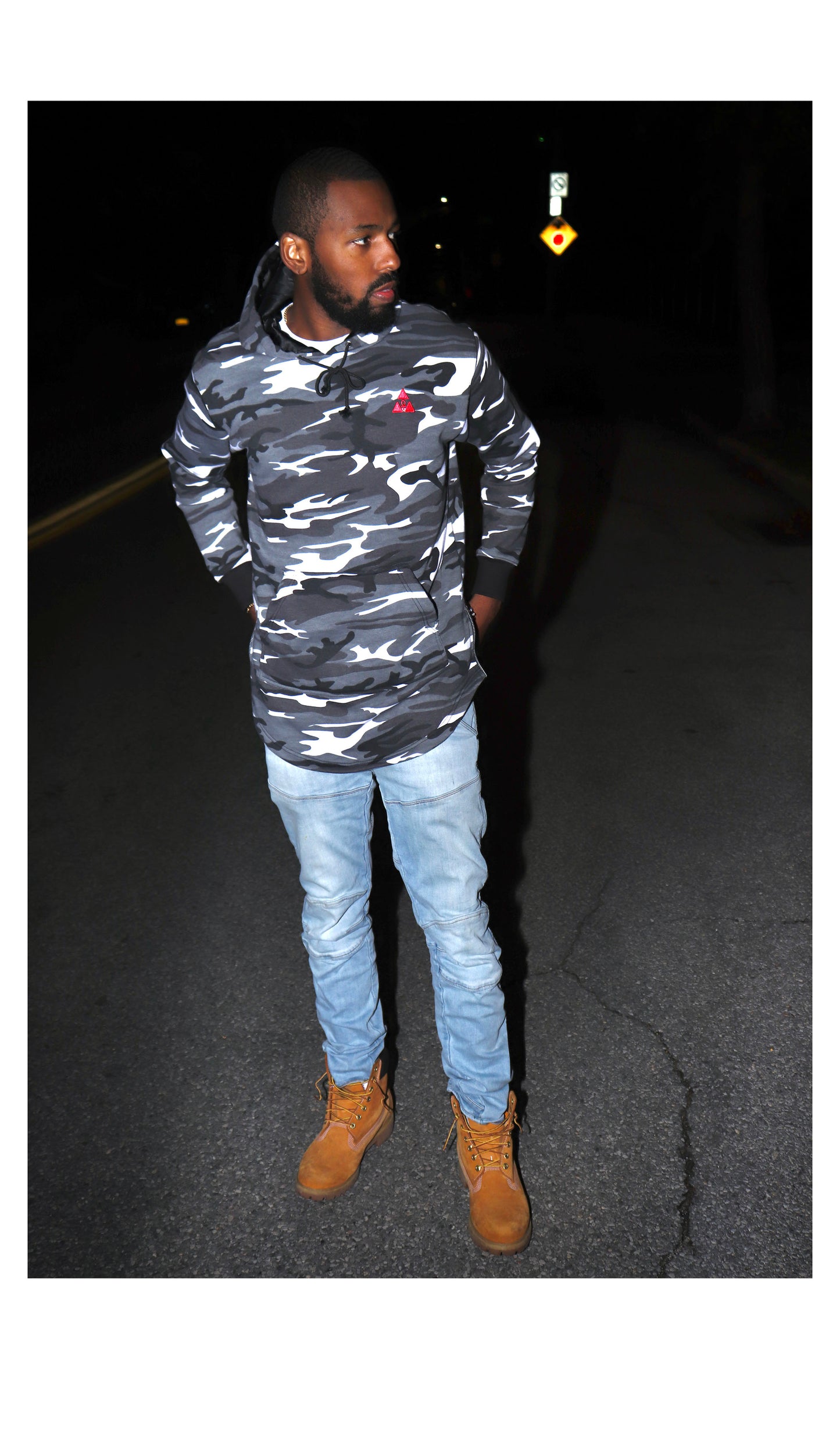 Extended Snow Camo Hoodie with Black Satin Lined Hood