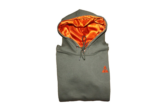 Extended Olive Hoodie with Orange Satin Lined Hoods